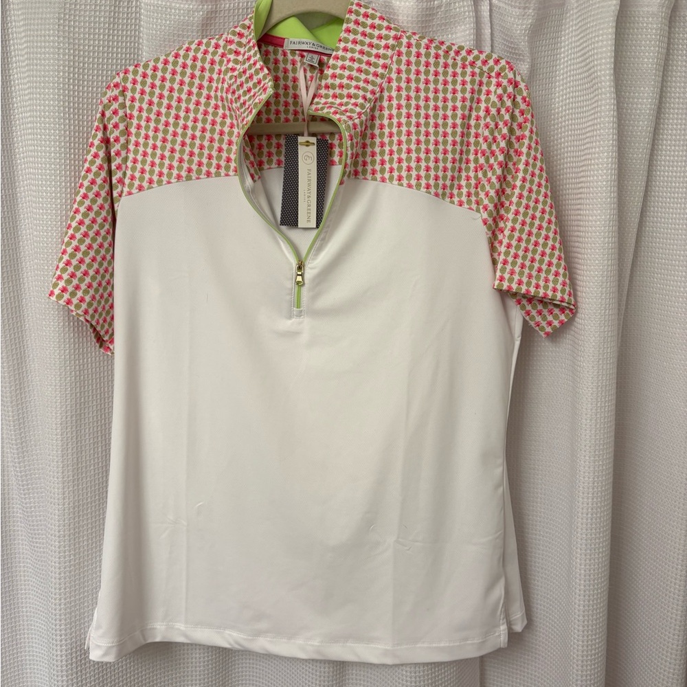 Fairway & Greene White Polo with Pink and Green Patterned Yoke